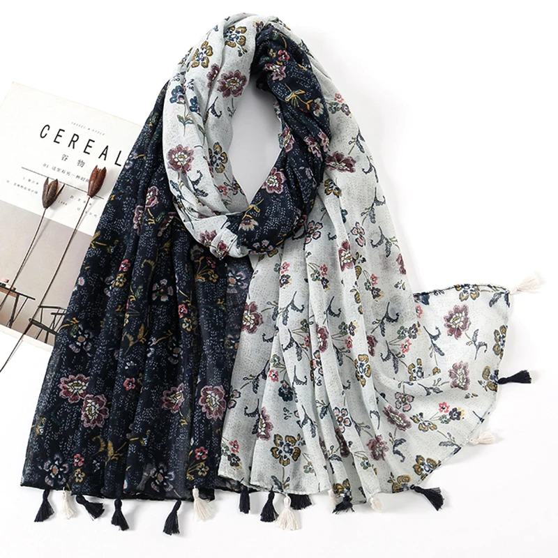 2023 Fashion Luxury Brand Aztec Floral Tassel Viscose Shawl Scarf Lady High Quality Wrap Pashmina Stole Bufandas Muslim Hijab