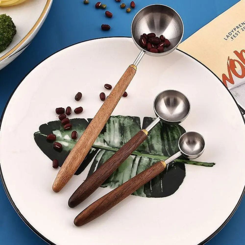 304 Stainless Steel Coffee Bean Measuring Spoons Long Handle 3/8/23ML Coffee Scoop Walnut Handle Powder Measuring Spoon