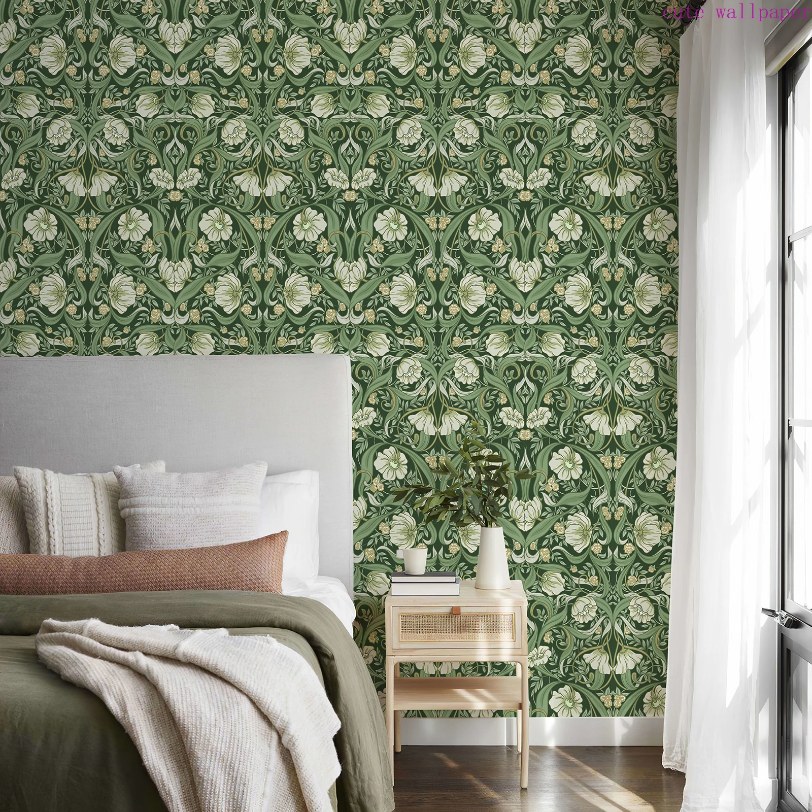 

Green Floral Peel And Stick Boho Wallpaper Elegant Self-adhesive Fresh Flower Wallpaper Mural Retro Furniture Renovation Decor