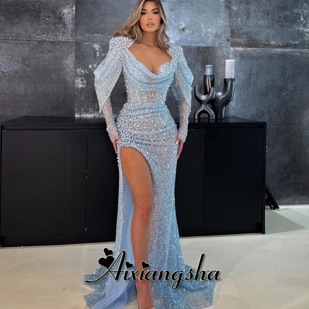 

Aixiangsha Sparkly Prom Dresses for Women Trumpet Sweetheart Full Sleeves Slit Tulle Evening Dress Vestidos De Noche Custom Made