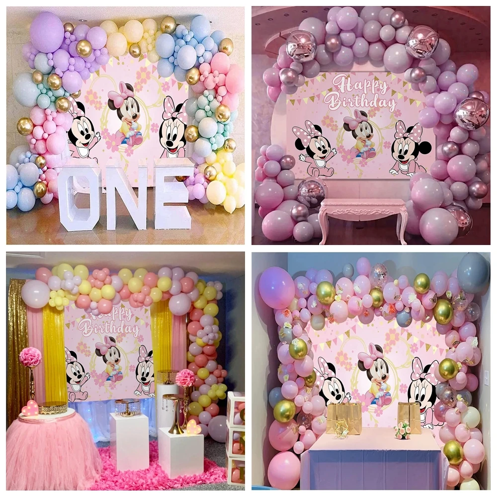 Fondo de fotografía para fiesta de 1er cumpleaños de Minnie Mouse de  dibujos animados rosas de Disney, decoración de mesa de pastel para Baby  Shower para niñas - AliExpress, image size:1000x1000