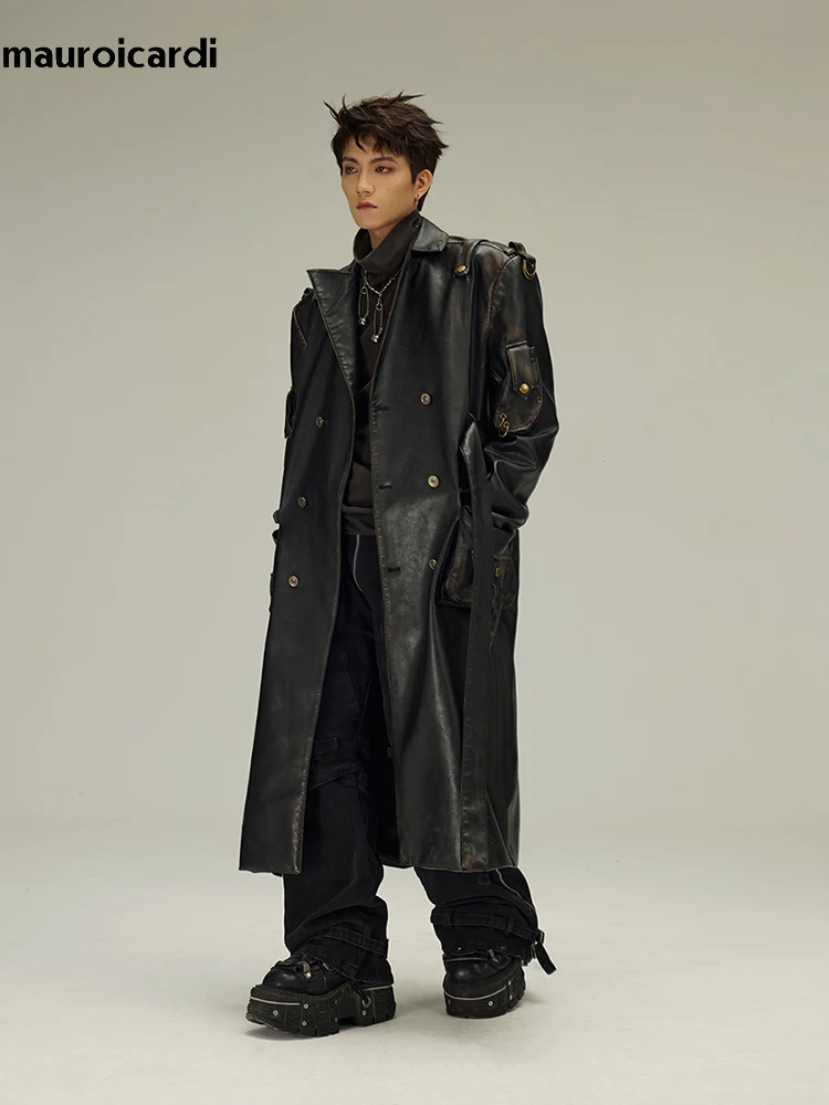 Mauroicardi Spring Autumn Long Distressed Black Pu Leather Trench