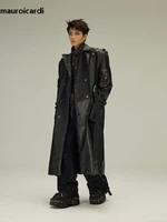 Mauroicardi Spring Autumn Long  Distressed Black Pu Leather Trench Coat Men Belt Double Breasted Luxury European Fashion 2023 2