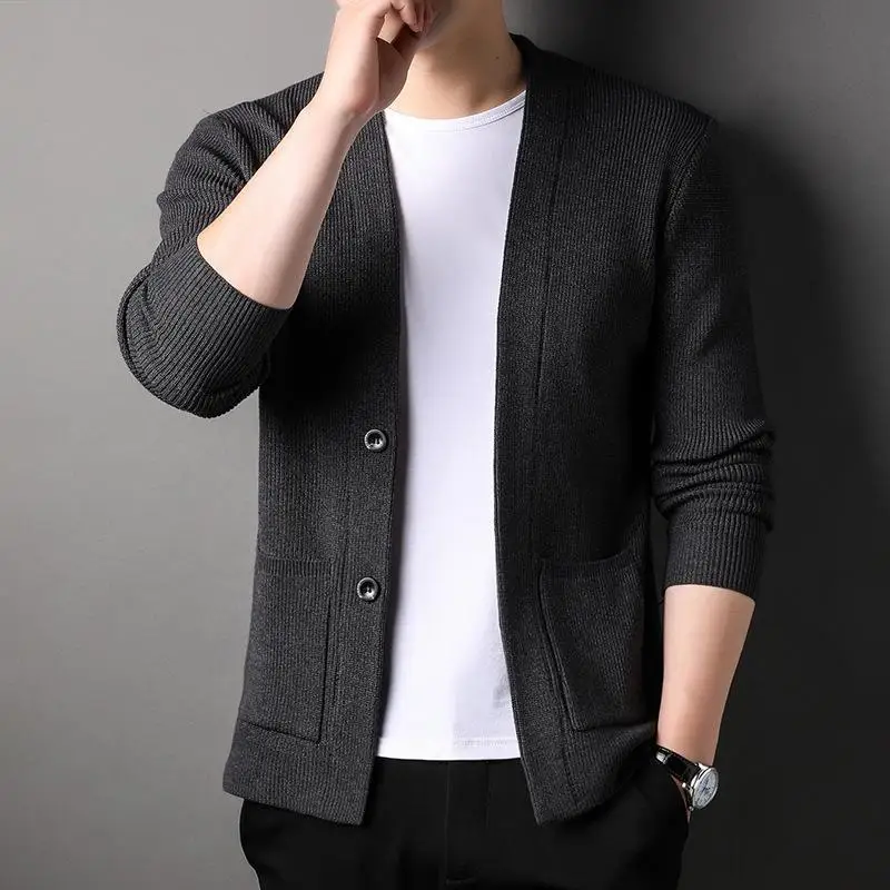 

2024 Spring Autumn New Knitted Cardigan Men's Korean Version Trend Outside Wear Sweater Young Middle-Aged Simple Casual Coat