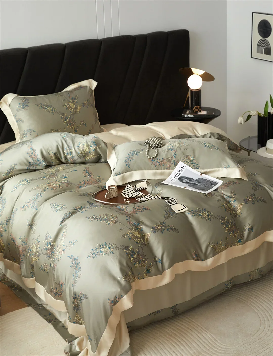 

French rural style high-end silk four piece set, smooth and skin friendly quilt cover, ice silk bedding, home textile