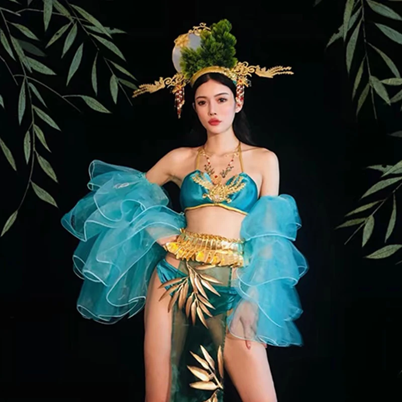 

Ночной клуб Gogo танцевальный костюм в китайском стиле сексуальное бикини Одежда для танца на шесте сетчатый рукав обложка Cypress головной убор Rave наряд VDB5780
