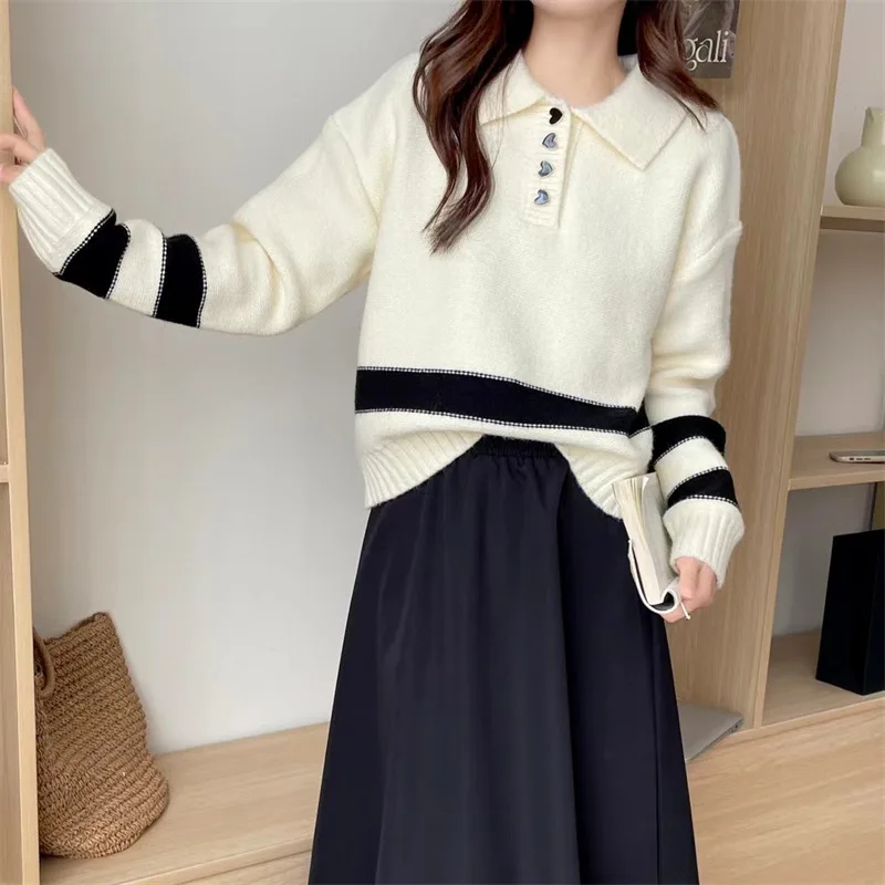 

Love button striped sweater for women in autumn and winter, new age reducing western-style inner matching pullover for women