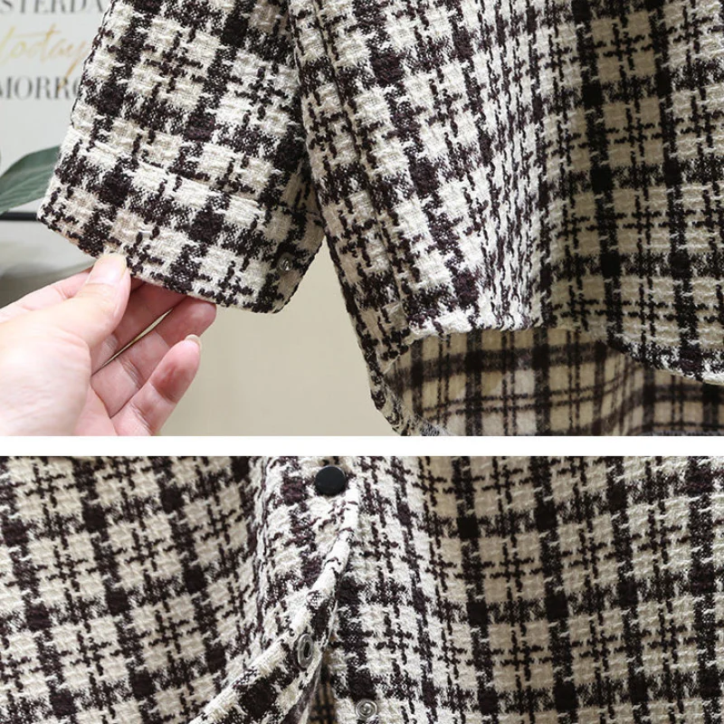 Women Spring Autumn Korean New Polo Collar Cardigan Fashion Casual Plaid Thickened Wool Button Pocket Splicing Long Sleeve Shirt