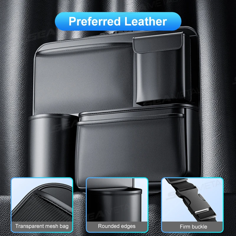 Black Leather Car Trunk Storage Bag Multi Pocket Seat Back Organizer