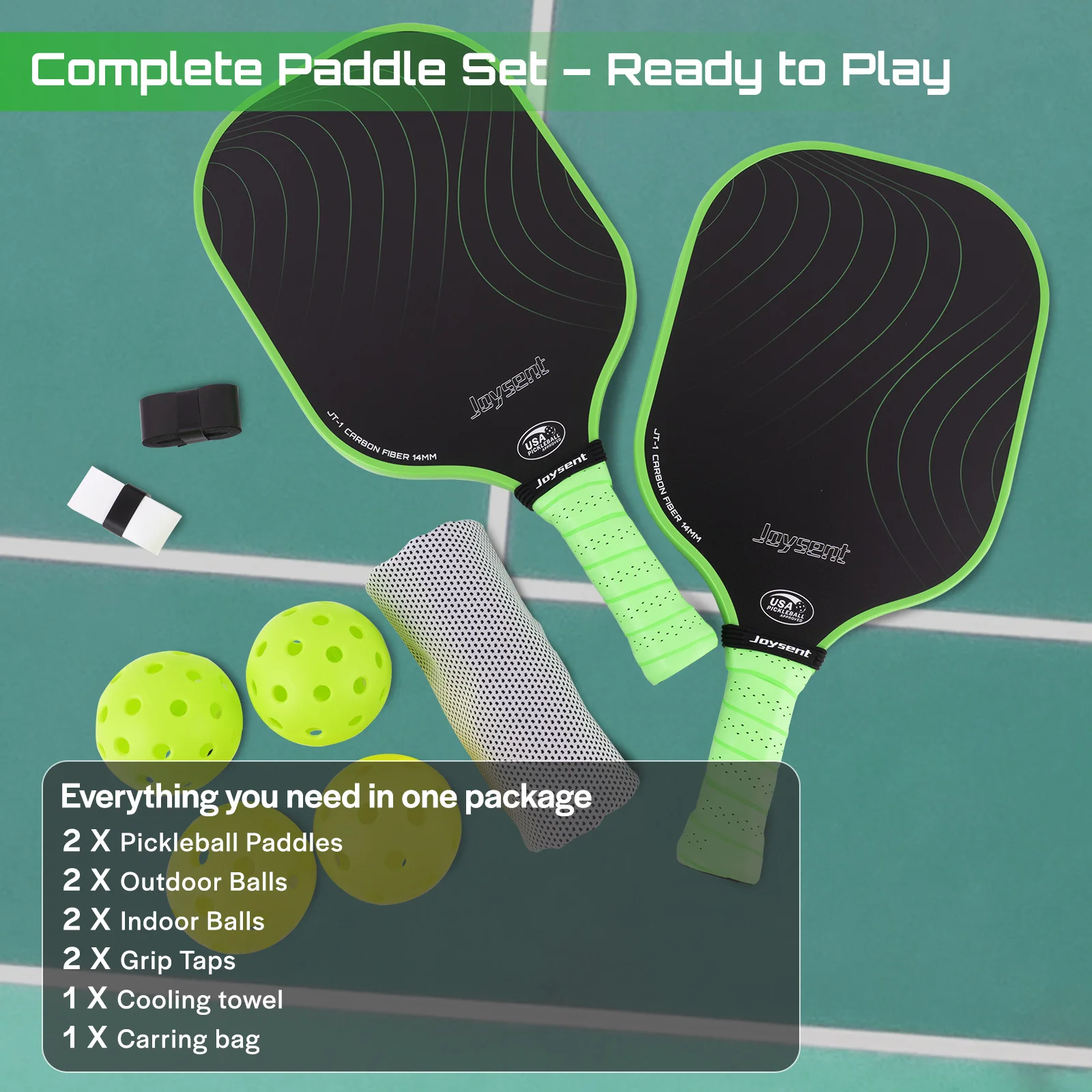 Pickleball Paddles Set Of 2 - USAPA Professional Grade Comfort Grip T300 Carbon Fiber Rackets In Blue & Orange, Includes 4 Pickleball Balls With Waterproof Portable Carry Bag - View #3