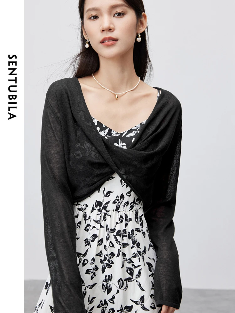 SENTUBILA Casual Cropped V-neck Knitted Pullovers 2024 Summer Fashion Loose Thin Soft Long Sleeve Top Woman Clothing W42H55450 6