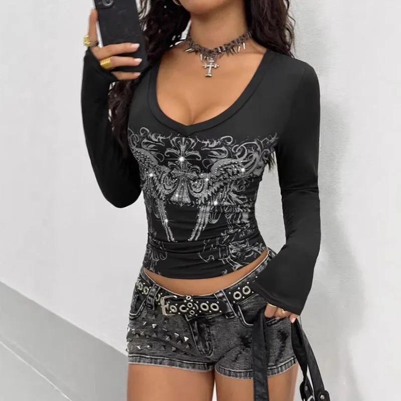 Spring And Autumn New Printed Spicy Girl Long Sleeve T-shirt Tight And Slimming Y2K Slimming Top Round Neck Women's Clothing 1