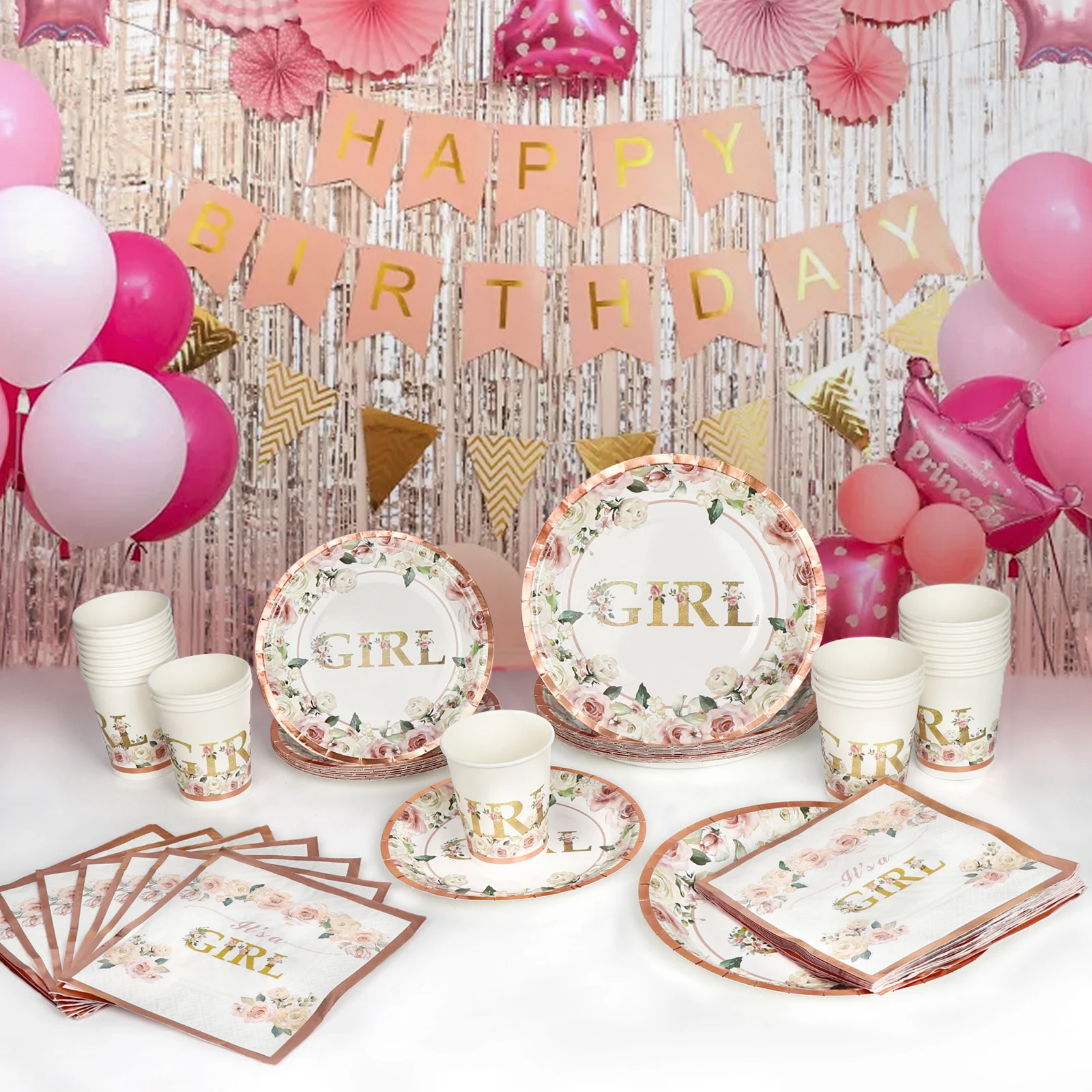 

OurWarm Baby Shower Plates and Napkins Pink Rose Gold Floral Paper Plates and Napkins Party Supplies for Birthday Decorations