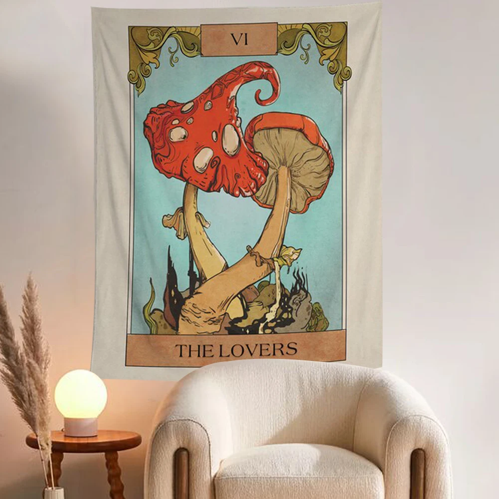 Tarot Card Tapestry Wall Hanging Mushroom Divination Wall Decor The Lover Tarot Card Boho Decor Beach Mat Tapestry Hippie