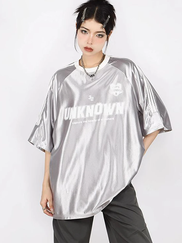 

2024 new silver original shiny design short-sleeved T-shirt women's summer American Spice Girl retro sports half-sleeved matchin