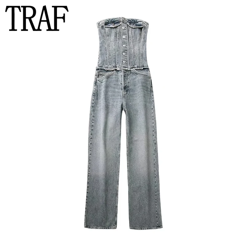 TRAF Off Shoulder Denim Jumpsuit Women Corset Jean Woman Jumpsuit Backless Long Jumpsuits Woman 2023 Summer Streetwear Overalls images - 6