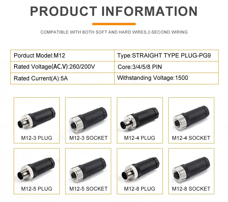 M12-PG9 Wasserdichter Sensor-Luftfahrt-Stecker, gerader Typ, männlich und weiblich, Steckdose, Loch, Schraubgewinde, Kupplung, 3/4/5/8 Pin – Detail 6