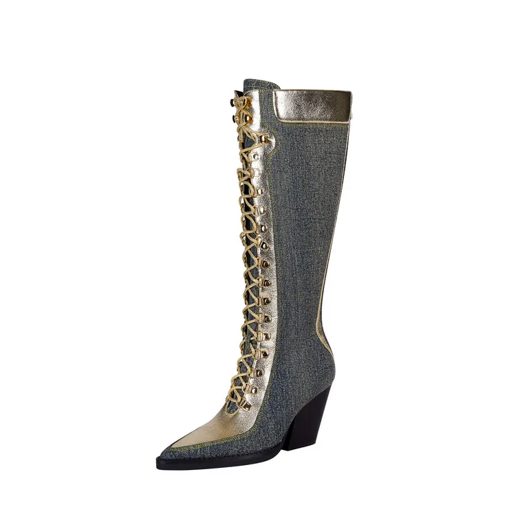 

Boots female women shoes Autumn and winter Lace-up Knee-High boots Cross Straps Pointed toe Cowboy Boots Mixed Colors fashion