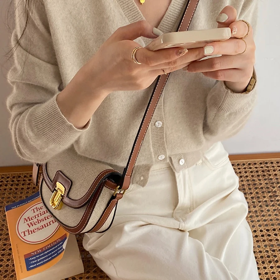 Piccola borsa a tracolla con pannello a contrasto in tela retrò, con una spalla, borsa a tracolla, borsa da sella, borsa da donna, portafoglio vintage_voghion.com