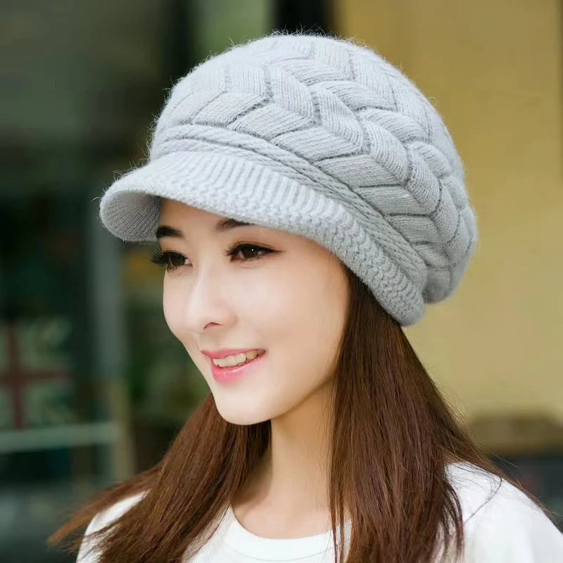 Women's Hats Winter Warm Knitted Hat Rabbit Hair Double Layer Plus Velvet Cap Visor Beanies For Women Casual - 5