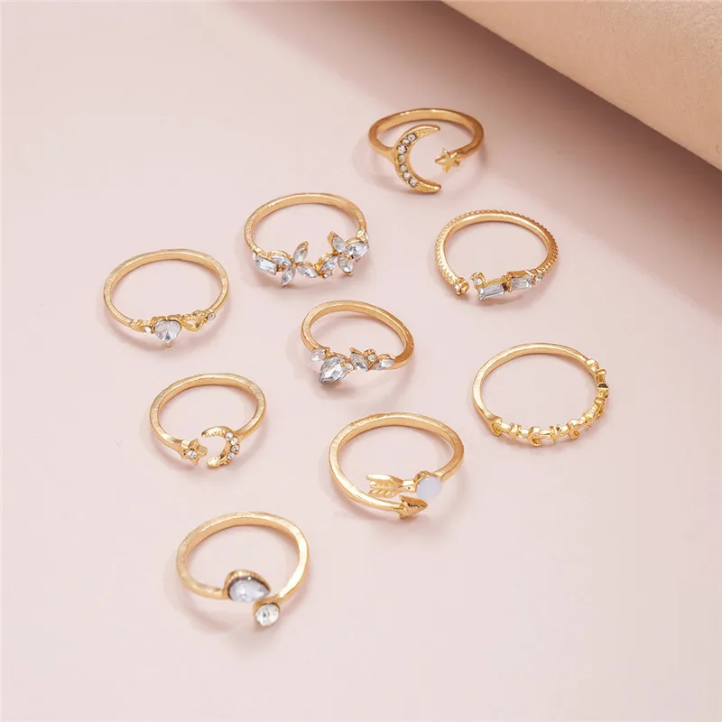 Women's Ring Set Modyle Boho Cubic Zirconia Star Moon Arrow Flower Finger Rings Trendy Jewelry Gift