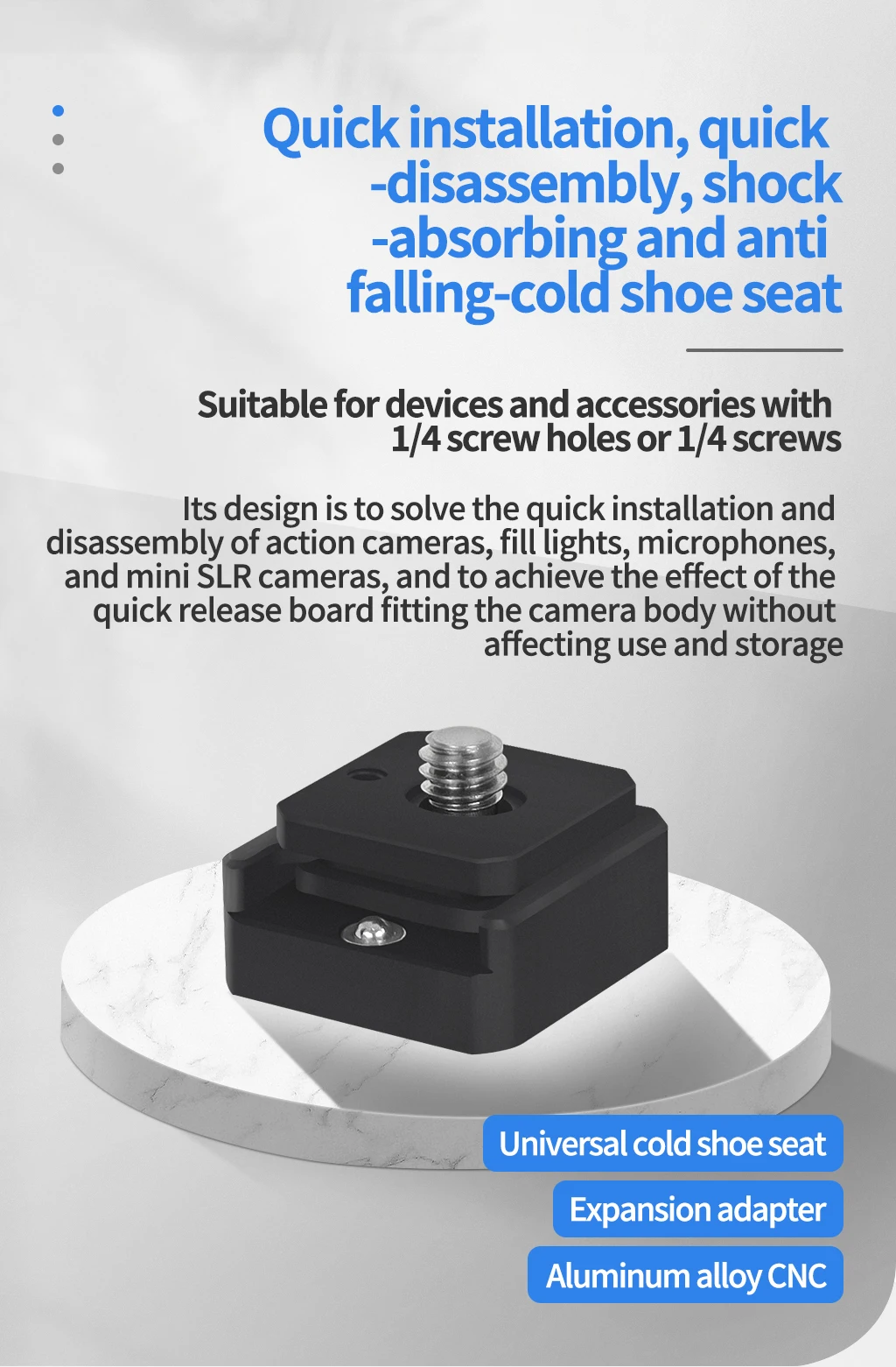 Quick Release Cold Shoe Mount 1/4 Screw for GoPro Hero 13 Insta360 Action Camera