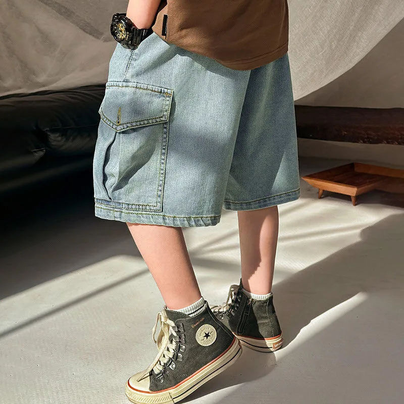 Kids Boys Cargo Denim Pants for Summer Dark Blue/Light Blue Big Pocket Loose Wide Leg Shorts Casual Children Short Pants A24607