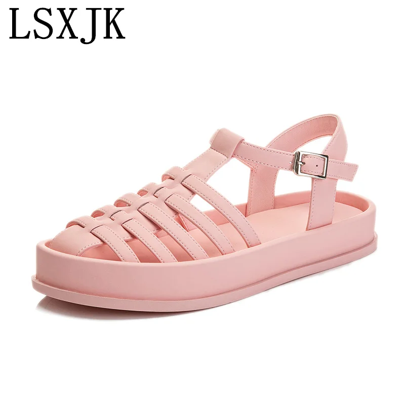 

LSXJK Leather Sandals For Women's Outer Wear 2022 Summer New Women's Flat Roman Shoes Woven Toe Soft Bottom Fashion Women Shoes