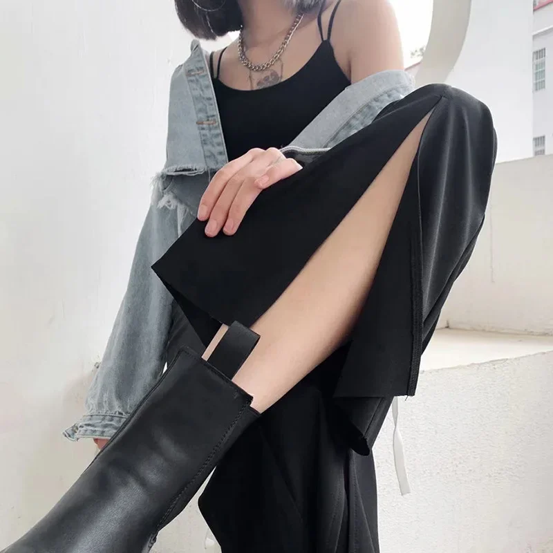 Spring Summer 2021 Woman Pants Streetwear Black Y2k Flare Pants High Waist Split Lace Up Bandage Trousers Outfits for Women