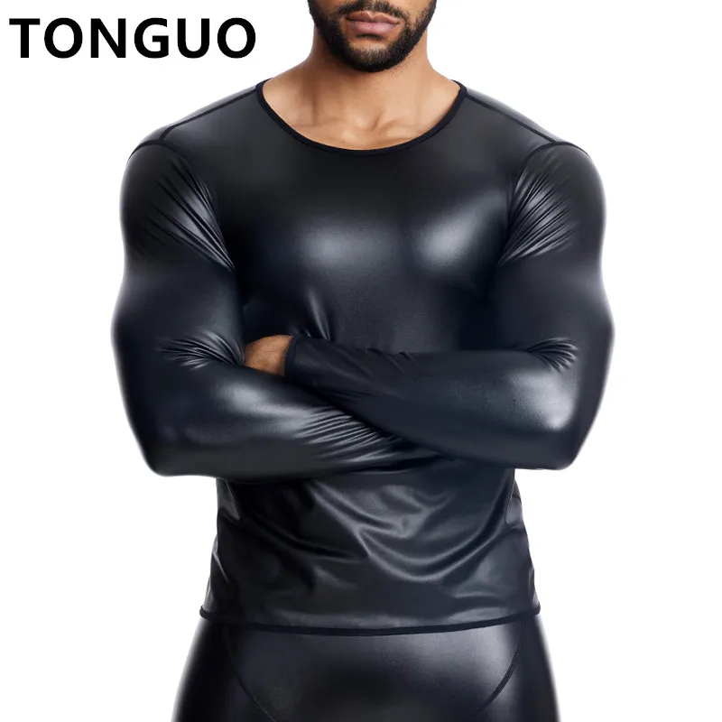 Men O Collar Long Sleeve Leather TShirt Slim Underwear Body Shapers Waist Trainer Corsets Tummy Shapewear Fitness Leather Shirts electric shock dog collar remote ultrasonic control dog trainer