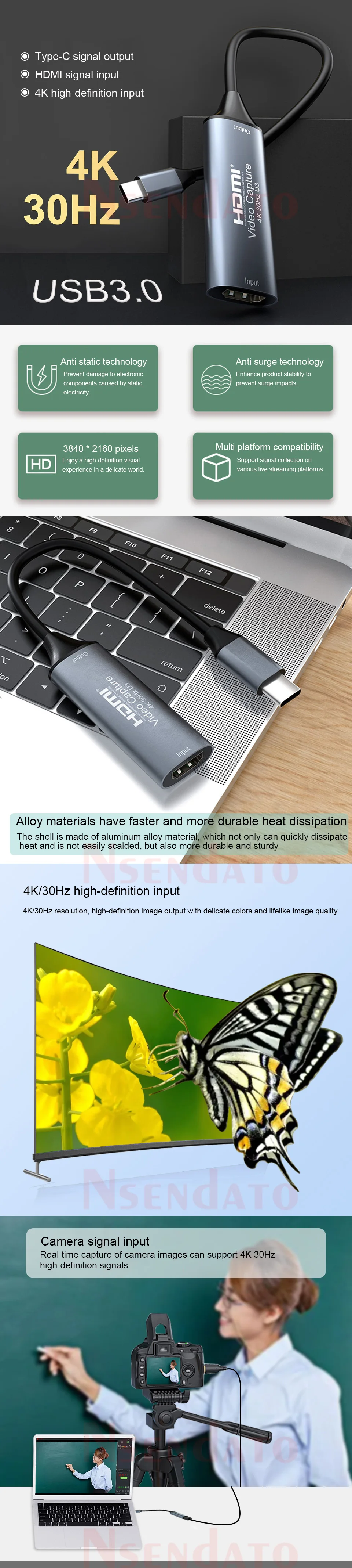 USB C hdmi Video Capture Card 4K 1080p HDMI to Type C 2.0 3.0 Video Grabber Cap