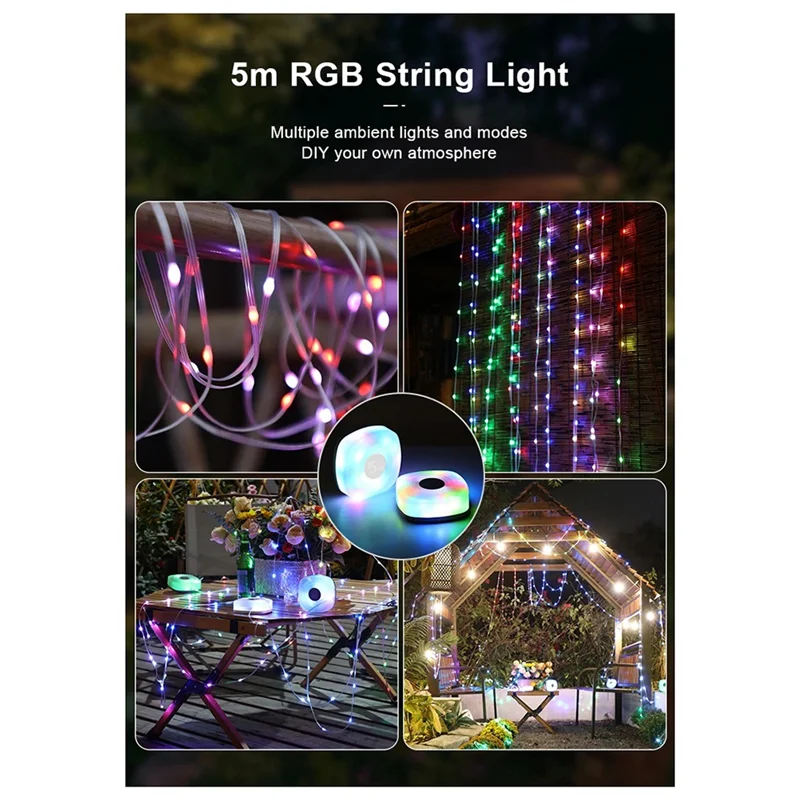 ABLU-Nachtlampje LED Night Light Smart APP RGB Camping String Lights Outdoor Waterproof Rechargeable Room Atmosphere Lamp 5M