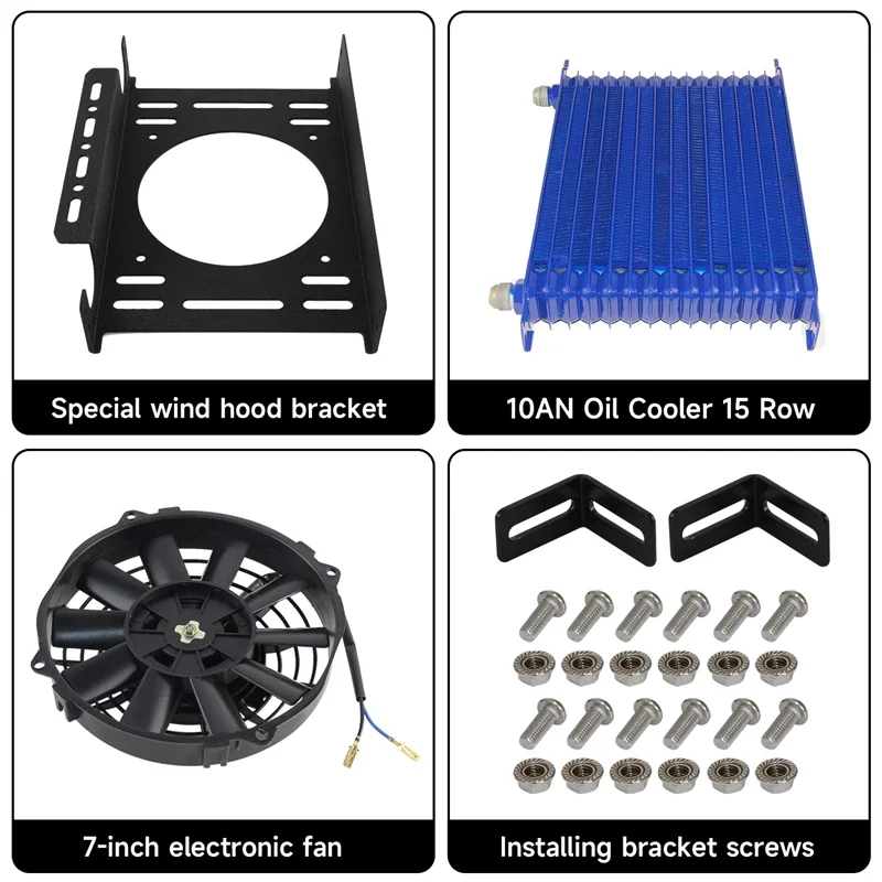 

Коробка передач масляного радиатора, 15 рядов, 10AN, 7/8-14 UNF, универсальная + 7 дюймов, комплект электрического вентилятора с монтажным кронштейном нового типа, черная/синяя