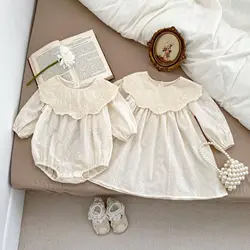 Spring Sisters Matching Outfits Romper Dress Flower Embroidery Bodysuit for Newborn Kids Girls Solid Cotton Lapel Princess Dress