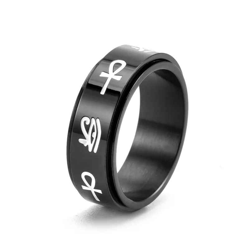 AsJerlya Stainless Steel Rotatable Spinner Rings Egypt Eye Of Horus Ankh Cross Anxiety Rings Freely Spinning Anti Stress Ring 4