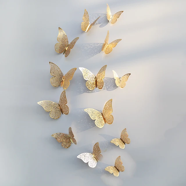 12Db/Set 3D -S Falmatrica Üreges Pillangó Ezüst Arany Esküvői Dekoráció Otthoni Nappali Pillangók Matrica Matricák - Image 2