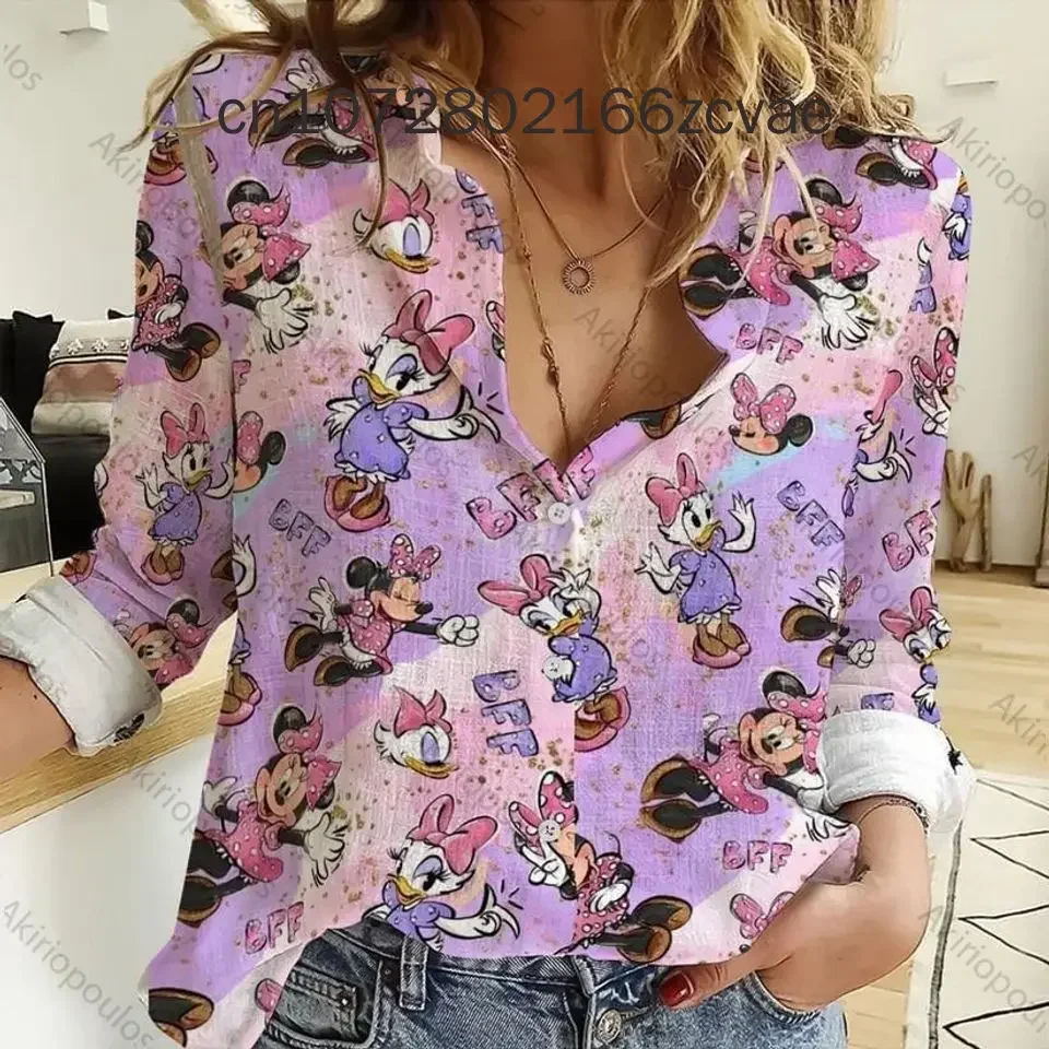 

New 2024 Disney Daisy Duck Women's Shirt Harajuku Fashion Polo Collar Long Sleeve Single breasted Casual Y2K Women's Shirt