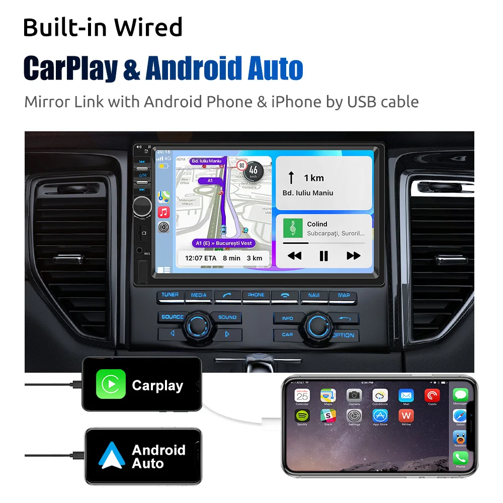 ESSGOO Carplay Android Auto 1 DIN 7" Universal Autoradio BT TF EQ USB AUX TF USB HD Touchscreen Multimedia Player mit 7 Farben – Detail 4