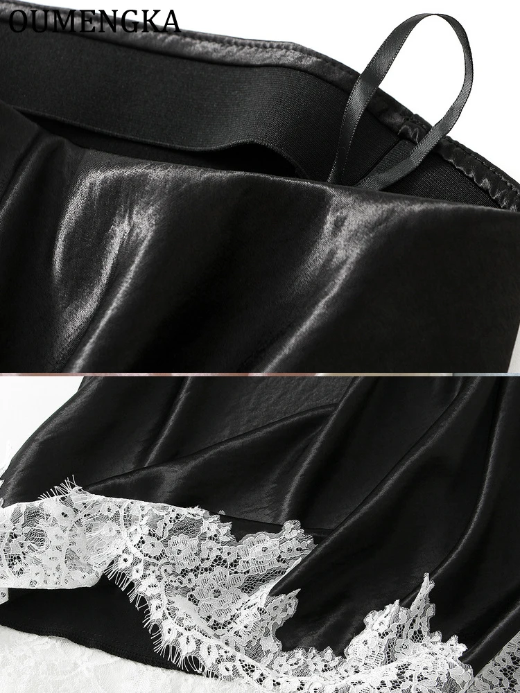 OUMENGKA Summer French Elegant Satin Mermaid Skirt Women Lace Patchwork Waist Elastic Long A-line Skirts Fashion Ladies 14 S522af3b271054a2cba43d24ac27c1b99P