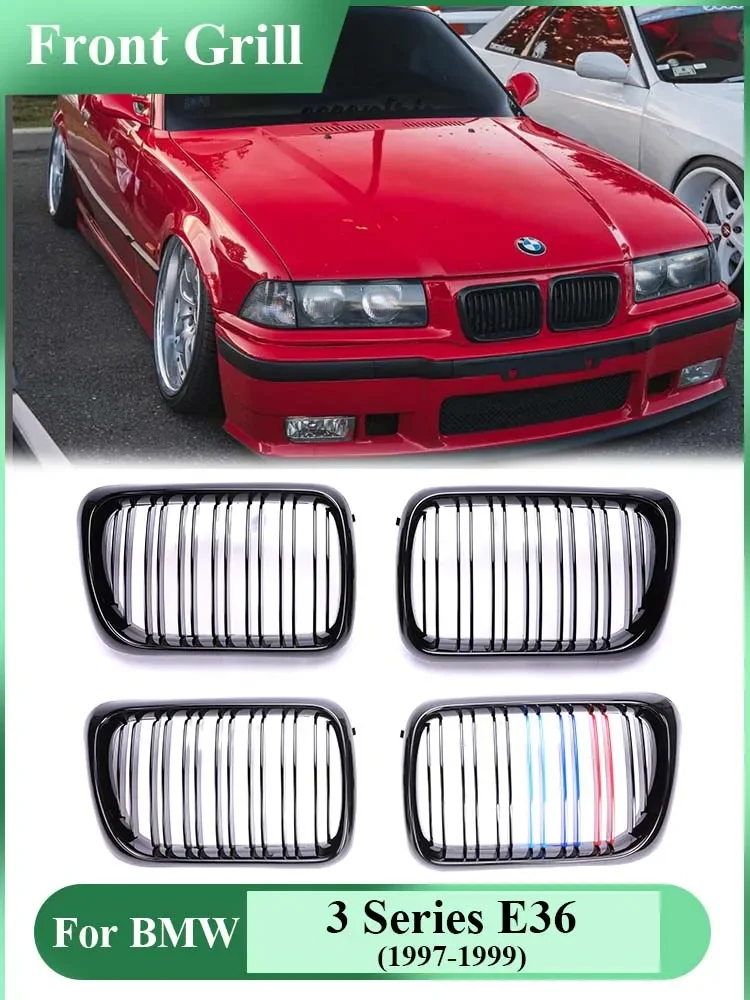 

M-Tri Color Front Bumper Kidney Grille Double Slat Gloss Black Racing Grills Facelift for BMW 3 Series E36 LCI 1997 1998 1999