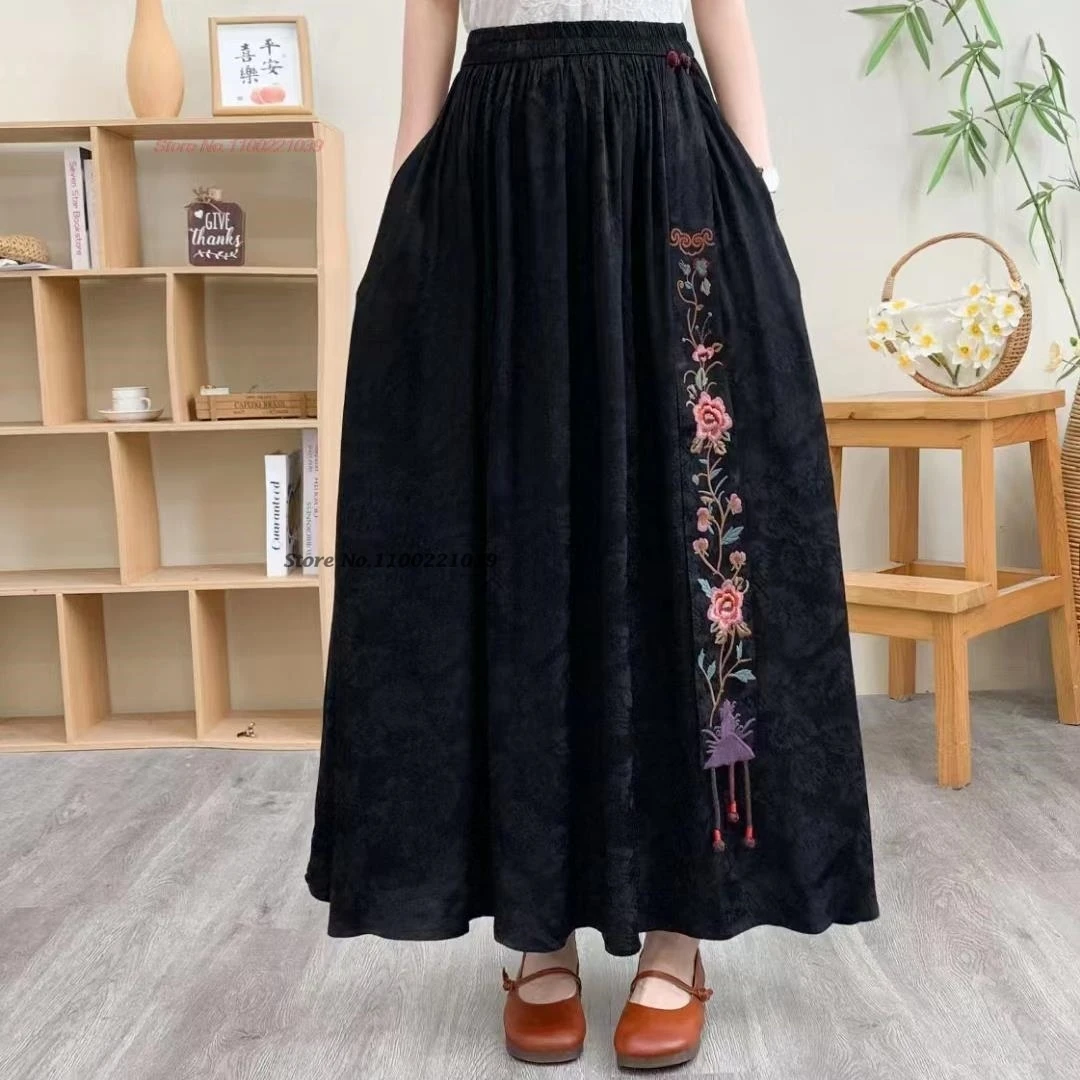 national vintage flower embroidered satin jacquard skirt midi elastic waist skirt oriental vintage improved a-line