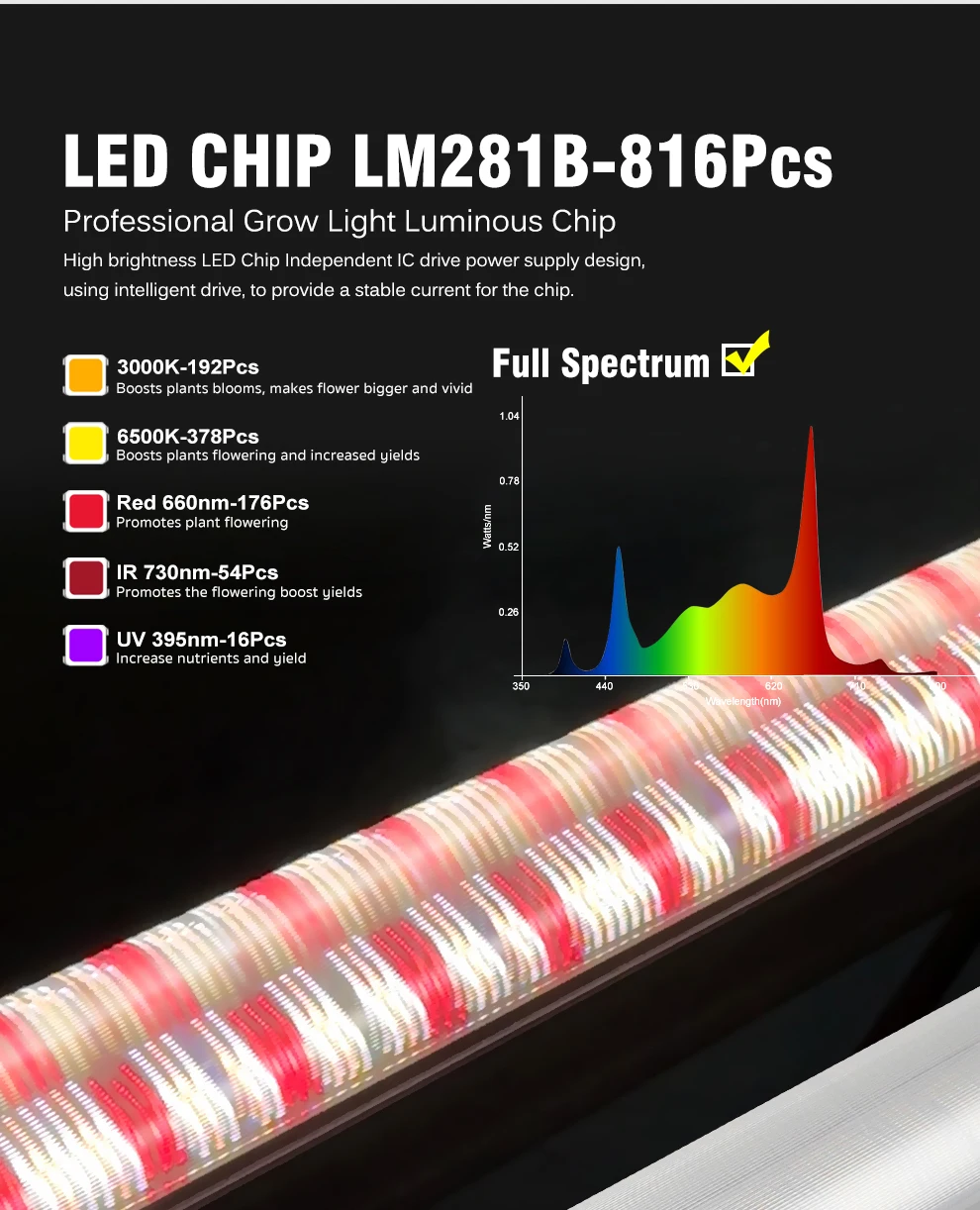 Unter dem Canopy LED-Pflanzenlicht 150W K 6500K IR 730nm UV 395nm LM281B mit hohem PPFD 420umol/sth/s Wachstumslampe für Gewächshauspflanzen – Detail 3