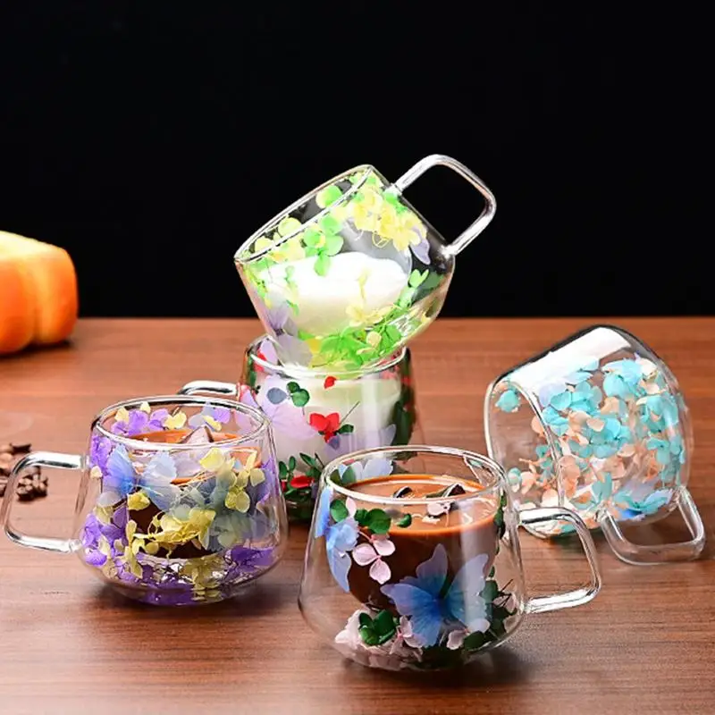 Double Wall Floral Glass Coffee Mug with Handle
