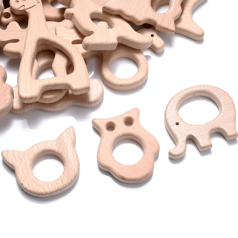 5Pcs/Lot Baby Pacifier Chain Chew Accessories Animal Shape Natural Beech Teething Wooden Teether Pendant Accessories 2
