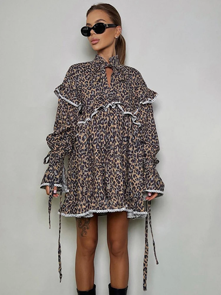 

Женское повседневное свободное платье с принтом, офисное мини-платье с воротником-стойкой и длинным рукавом, элегантные платья с оборками для женщин, 2023