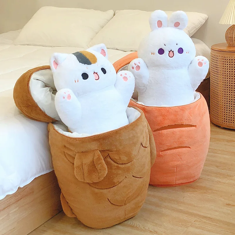 80X45cm Kawaii Taiyaki Cat Plush Toy Rabbit Hiding in  Carrot Dog in Big Bones Ferry Animals Plushie Throw Pillow For Kids Girl