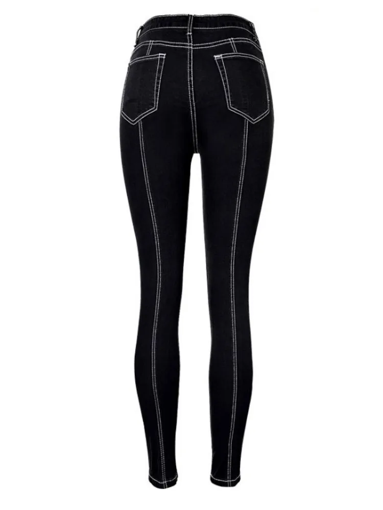 

England Fashion Slim Jeans Women Pleated Spliced Denim High Waist Elasticity Skinny Pencil Pants Black Push Up Pantalon Femme