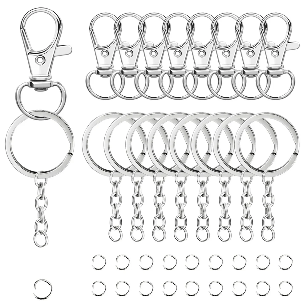 30 Stück Drehkarabiner-Schlüsselanhänger mit Schlüsselringen, 10 Stück Karabinerhaken, 10 Stück flache Ringe, 10 Stück Biegeringe für DIY-Bastelarbeiten
