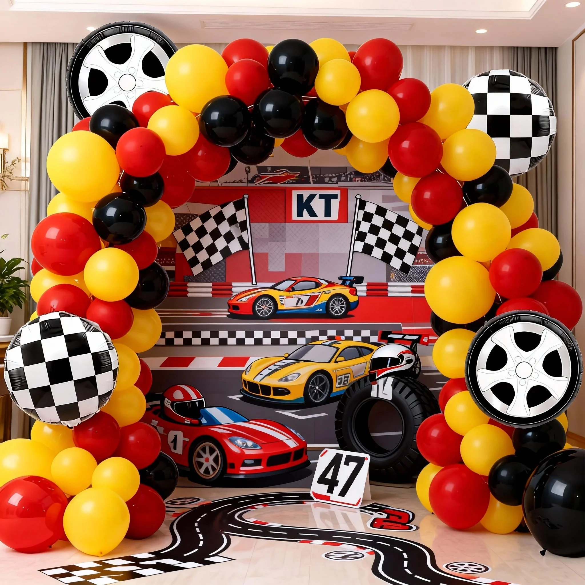 126-teiliges Geburtstagsfeier-Ballon-Dekorationsset mit Rennrad, roten, gelben und schwarzen Latexballons, gepaart mit Radnaben-Folienballons, perfekt für Renngurtstage, Babypartys, Abschlussfeiernaben und Junggesellenabschiede-Dekorationen für Jungen