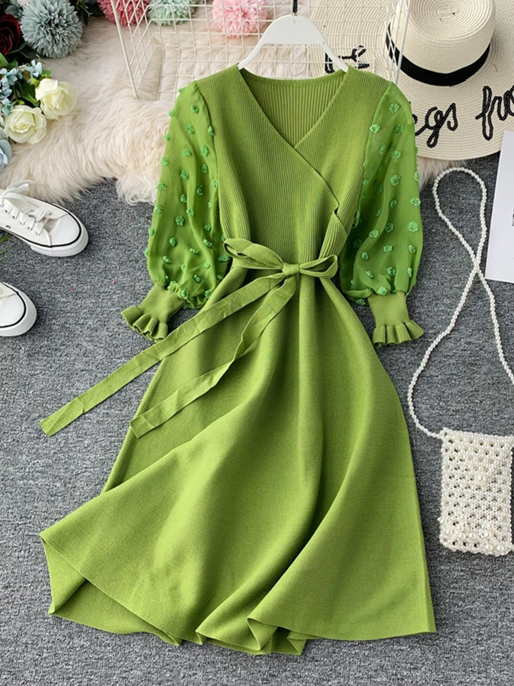 

Women's Autumn Winter Knitted Dress Long Sleeve V-neck Belt Tie Knit Mesh Patchwork Elegant Dresses Vestidos Female LS161